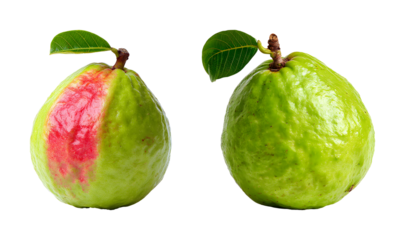 Fresh guava fruit with leaf isolated on transparent background PNG set