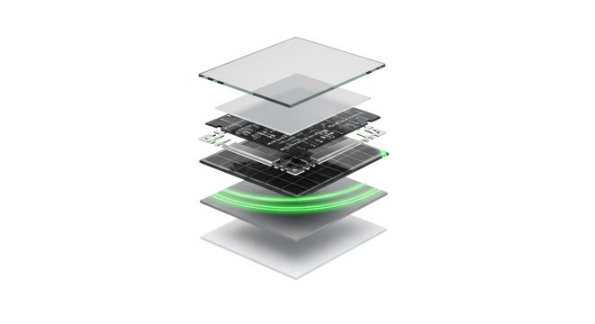 highly detailed 3d rendering of a deconstructed pv solar cell assembly showing reflective glass, black silicon wafer, and internal circuitry in an exploded view on a transparent background, concept of