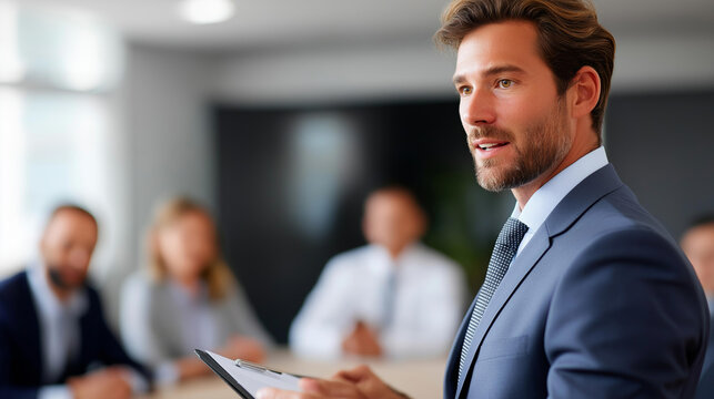 Faceless businessman leading corporate meeting presentation professional leadership  executive briefing business strategy team management office collaboration