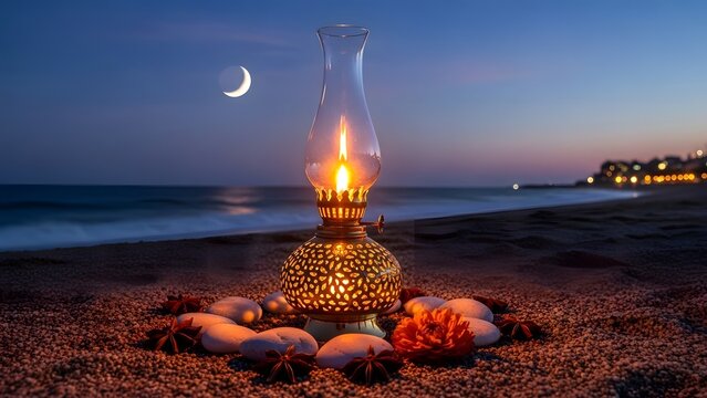 A serene beach scene with a lantern on the sand at dusk with a crescent moon - Powered by Adobe
