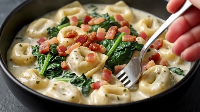 A delicious bowl of creamy tortellini pasta with spinach and crispy bacon, set against a dark stone background, ideal for culinary blogs or recipe books