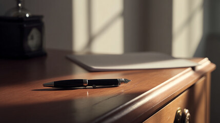 Luxury Fountain Pen on Wooden Desk with Paper in Soft Morning Light