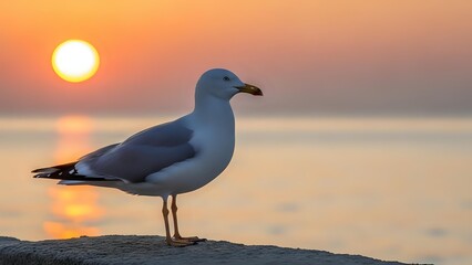Fototapeta premium Seagull standing on rocky shore during golden sunset over calm ocean waters with warm orange and pink sky colors reflecting on sea surface.