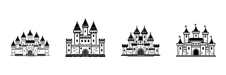 Obraz premium Medieval Castle Icons In Hand Drawn Style Set. Fantasy Architecture, Fairytale Fortress, Historical Landmark Doodle Sketch Collection. Isolated Vector Illustration