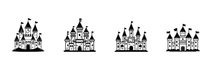 Fototapeta premium Fairytale Castle Icons In Hand Drawn Style Set. Fantasy Architecture, Medieval Fortress, Storybook Kingdom Doodle Sketch Collection. Enchanted Design Elements. Isolated Vector Illustration