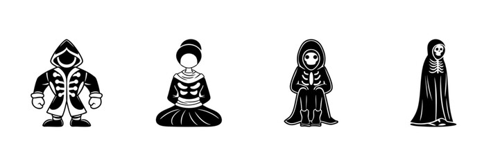 Hooded Skeleton Characters In Hand Drawn Style Set. Halloween, Gothic, And Fantasy Theme Doodle Sketch Collection. Spooky Costume Design. Isolated Vector Illustration