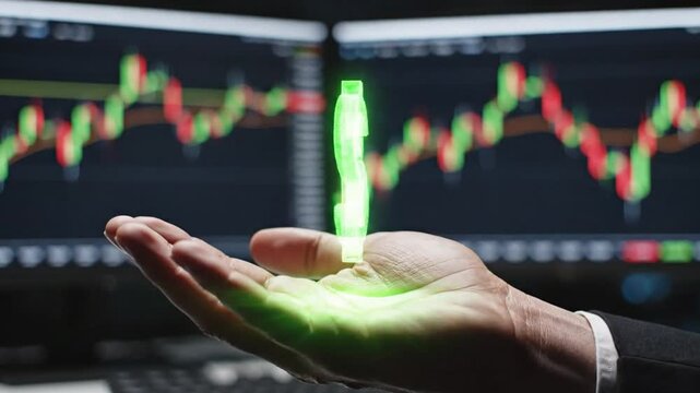 A hand holding a rising green arrow in front of financial charts on a computer screen