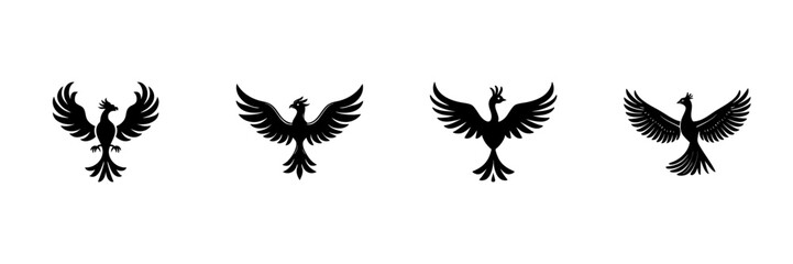 Obraz premium Phoenix Bird Silhouettes In Hand Drawn Style Set. Mythical Creature, Rebirth, And Renewal Symbol Doodle Sketch Collection. Elegant And Majestic Design. Isolated Vector Illustration