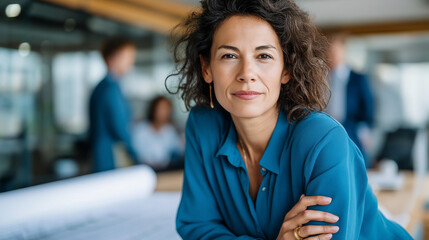 Faceless female architect leading team discussion in bright studio blueprint planning  design authority architectural meeting professional expertise construction