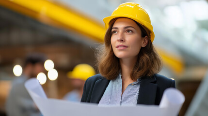 Faceless female architect leading team discussion in bright studio blueprint planning  design authority architectural meeting professional expertise construction