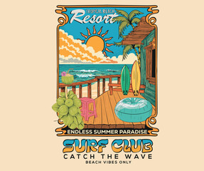 Obraz premium Summer good vibes vector graphic design for poster. Happy holiday. Welcome to summer paradise design. Vacation time. Palm tree with resort artwork. Tropical beach resort. Surf club artwork.