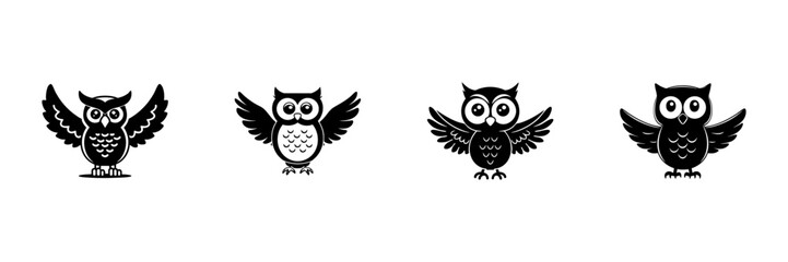 Fototapeta premium Owls With Outstretched Wings In Hand Drawn Style Set. Wisdom, Knowledge, Nocturnal Bird Symbol Doodle Sketch Collection. Educational And Nature Themes. Isolated Vector Illustration