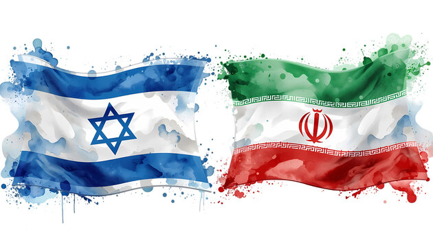Israel and Iran flags Rival National Flags in Watercolor Style Horizontal Illustration
