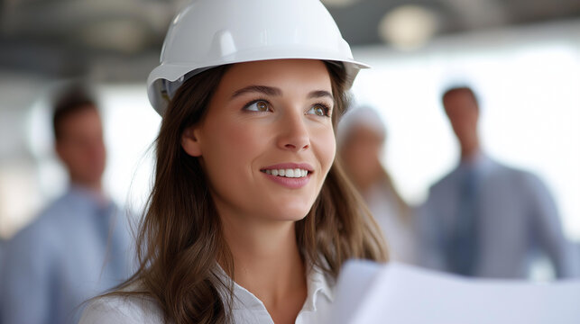 Faceless female architect leading team discussion in bright studio blueprint planning  design authority architectural meeting professional expertise construction - Powered by Adobe