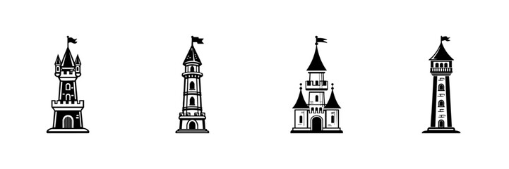 Fototapeta premium Castle And Tower Icons In Hand Drawn Style Set. Medieval Architecture, Fantasy Fortresses, And Fairytale Towers Doodle Sketch Collection. Historic Building Illustrations. Isolated Vector Illustration