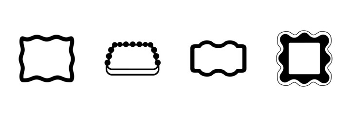 Wavy Frame And Cake Icon Set In Hand Drawn Style. Decorative Borders And Celebration Theme Doodle Sketch Collection. Creative Design Elements. Isolated Vector Illustration