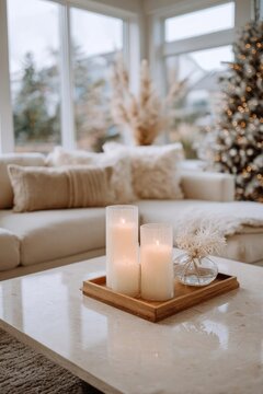 Two lit white pillar candles on a wooden tray sit on a marble coffee table in a cozy living room with a decorated Christmas tree. Concept Candlelit Christmas Living Room