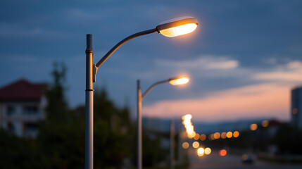 Modern LED street lighting poles illuminating urban area at twilight city infrastructure  public lighting municipal services energy efficient streetlights urban