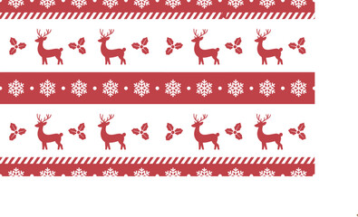 Vintage Christmas Seamless Pattern with Red and Green Ornaments, Reindeer, Bells, Snowflakes, and Festive Holiday Decorations