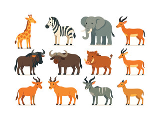 Fototapeta premium Savanna Herbivore Icons. Herbivores of the savanna. Colorful flat vector icons set of herbivores of the savanna: giraffe, zebra, elephant, antelope,