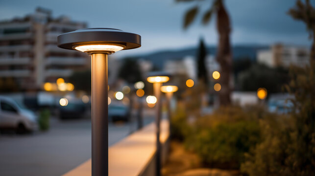 Modern LED street lighting poles illuminating urban area at twilight city infrastructure  public lighting municipal services energy efficient streetlights urban
