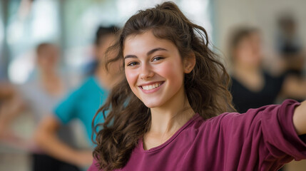 Faceless teenage girl leading dance class in studio youth fitness  choreography instruction dance education performing arts movement training athletic teaching