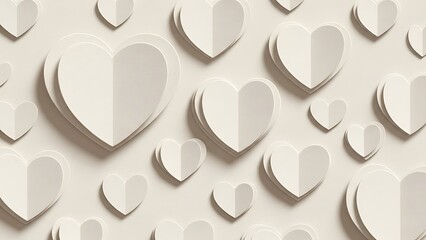 A repeating pattern of layered white hearts creates a soft textured background