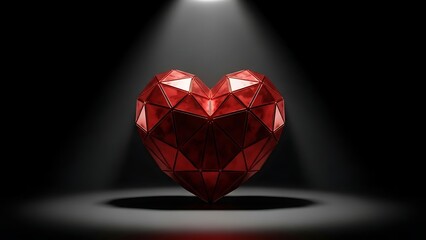 A radiant faceted red heart gemstone illuminated by a single spotlight