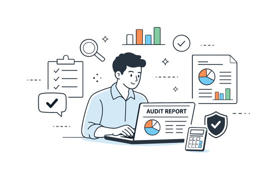 Audit Report Preparation. Audit reporting. A specialist preparing a summarized audit report on a laptop. Structured insight and accountability, charts and