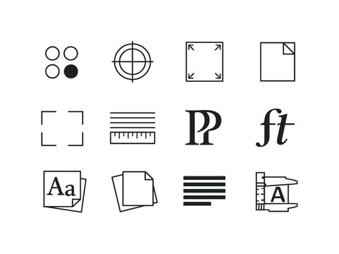 Print Typography Icons. Print typography. Line icon set of print typography: CMYK dots, registration mark, print margins, bleed guide, crop marks, baseline