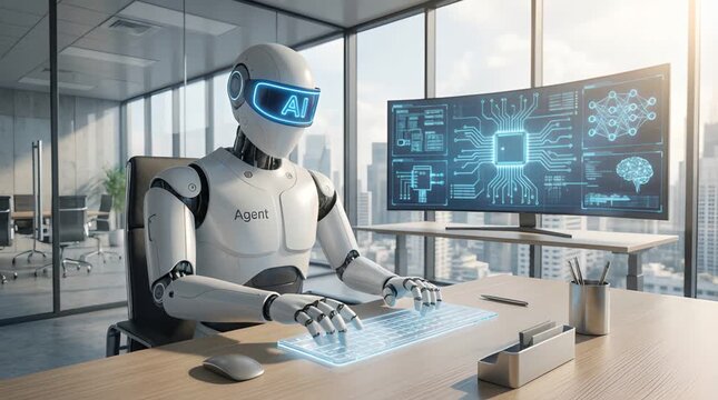 White Robot Typing on Holographic Keyboard in Sunny Office