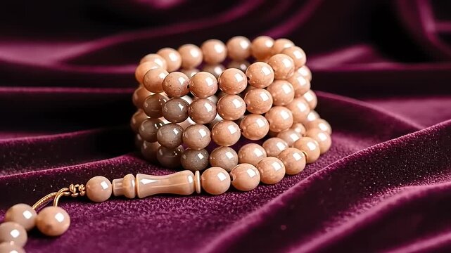Beautiful prayer beads resting on a velvet cloth, close up shot.