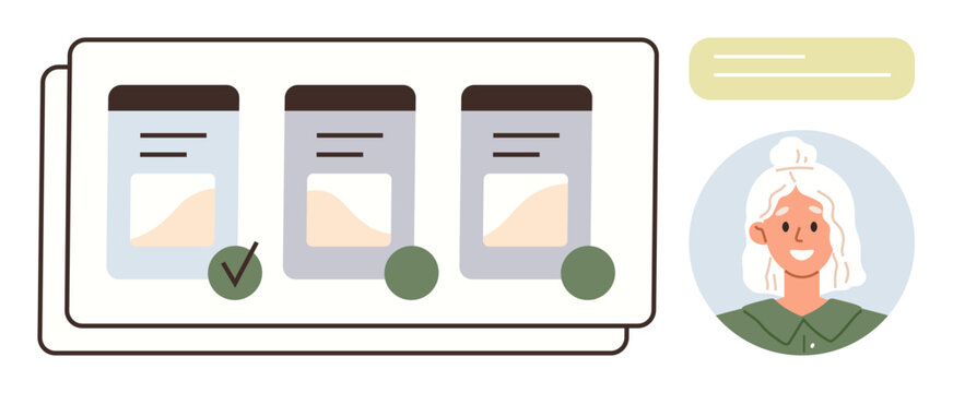 Decision-making, online services, customer selection, user preferences, data review, personal choice. Three selection cards with options and checks beside a human avatar. Decision-making and online