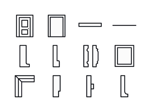 Wooden Door Icons. wooden door. Line icon set of wooden door: door frame outline, wall interface, lintel icon, threshold icon, jamb outline, trim detail,