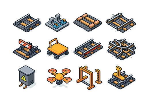 Isometric Rail Icons. Rail infrastructure. Colorful isometric vector icons set of rail infrastructure: rails segment, rail fasteners, sleepers, ballast bed,