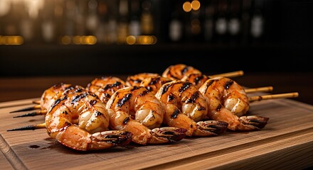 Grilled shrimp skewers arranged on a wooden board, showcasing a delicious seafood dish with a warm ambiance and inviting presentation for culinary enthusiasts