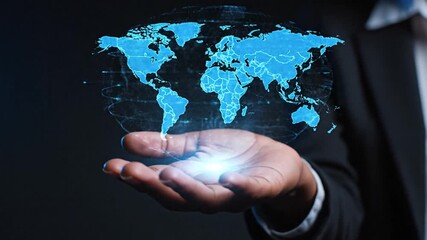 A person holding a digital world map in their hand, showcasing global connectivity and technology advancements from a close-up perspective. - Powered by Adobe
