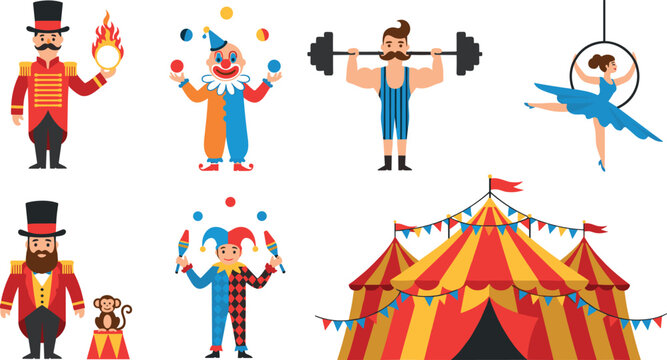 Circus performers vector set with clown, strongman, magician, acrobat and big top tent in colorful flat cartoon illustration style isolated on white background