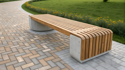 Curved park bench with wooden slats and concrete base sits empty on a sunny day in a blooming green urban garden.