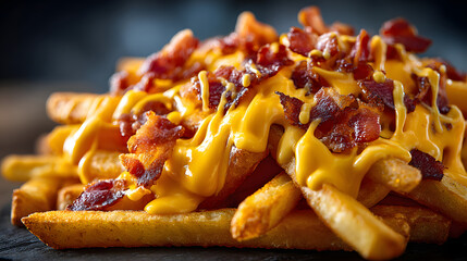 Close up of loaded cheesy bacon french fries photography