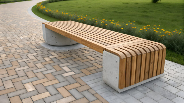 Curved park bench with wooden slats and concrete base sits empty on a sunny day in a blooming green urban garden.