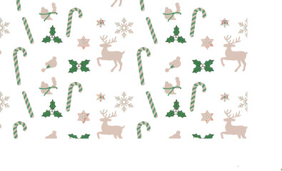 Vintage Christmas Seamless Pattern with Red and Green Ornaments, Reindeer, Bells, Snowflakes, and Festive Holiday Decorations