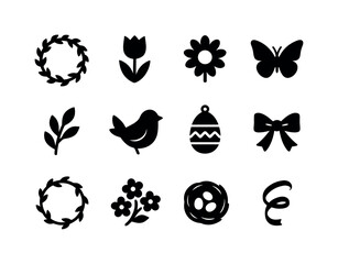 Obraz premium Spring Wreath Icons. Seasonal wreath. Solid icon set of spring wreath motifs: floral ring, tulip, daisy, butterfly, leaf sprig, bird silhouette, egg ornament,