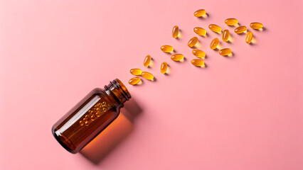 Amber supplement bottle in midair releases golden capsules on pink background, clean copy space for modern wellness branding.