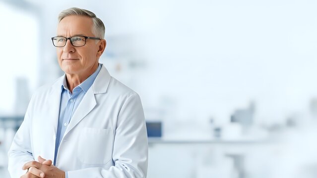 Senior male doctor with glasses in white coat smiling confidently in modern medical facility. Professional healthcare physician portrait for medical services.