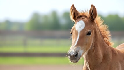 Obraz premium Adorable chestnut foal with white blaze standing in pasture, young horse colt with alert expression and soft mane against blurred green countryside background.
