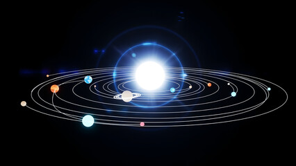 Minimalist Solar System Illustration with Planets in Orbit and Glowing Sun on Dark Background