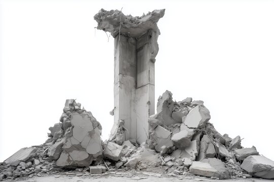 A brightly illuminated image of broken gray concrete from a damaged building, with a massive support column standing out against a white background.