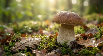 Fresh porcini mushroom growing in autumn forest with golden sunlight filtering through trees, surrounded by moss and fallen leaves on woodland floor.