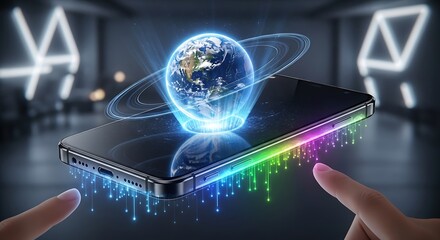 Futuristic Technology - Earth Hologram on Smartphone with Digital Connection.